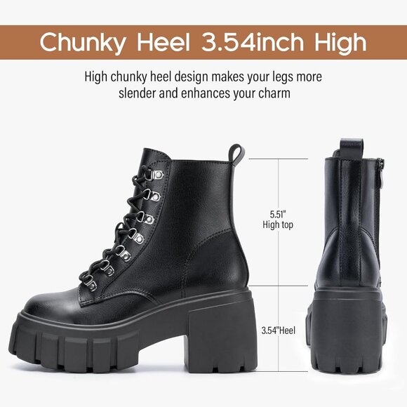 Women’s Combat Black Lace up Side Zipper High Heel Chunky Ankle Lug Sole Booties - Picture 2 of 6